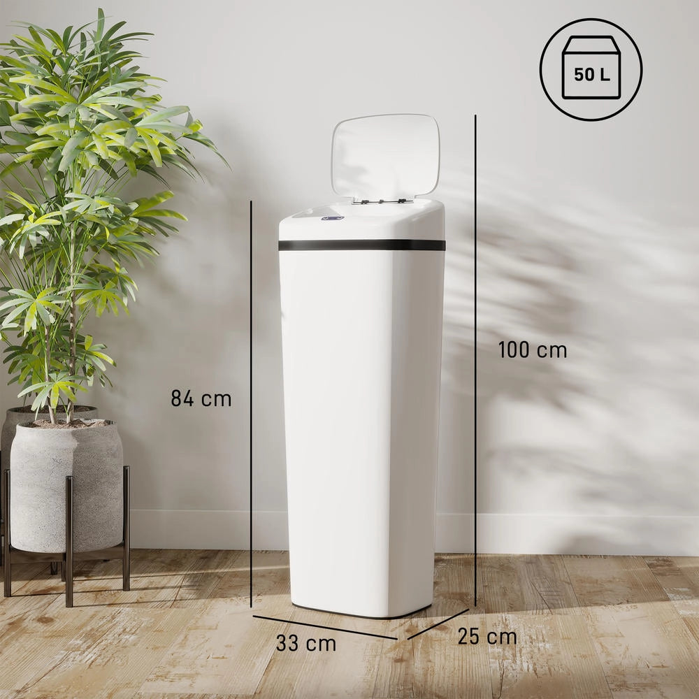 Pattumiera automatica da cucina 50L in acciaio inox bianco con sensore di movimento, cestino rifiuti 33x25x84cm