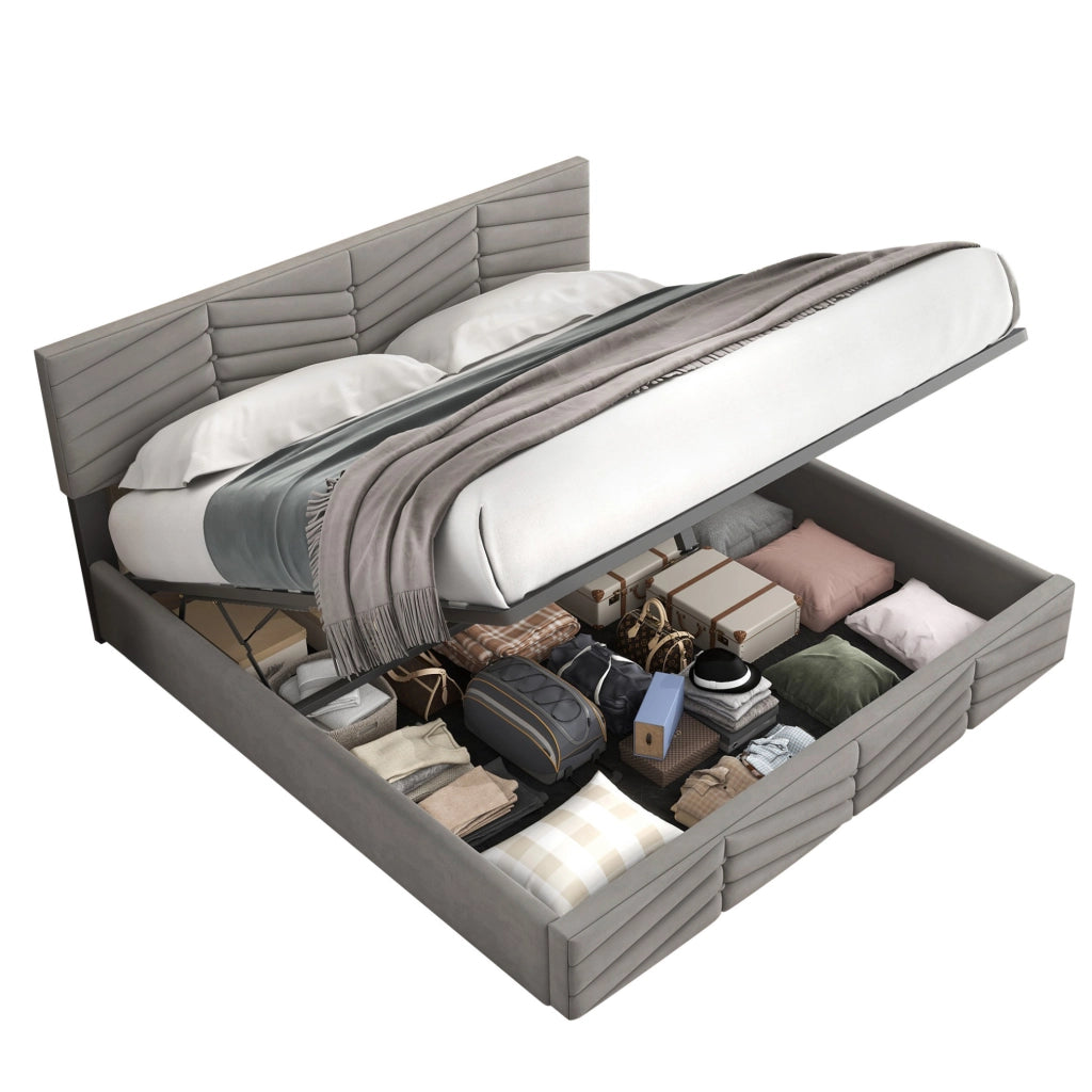 Letto matrimoniale imbottito 140x200 cm in velluto grigio con testiera regolabile e contenitore idraulico