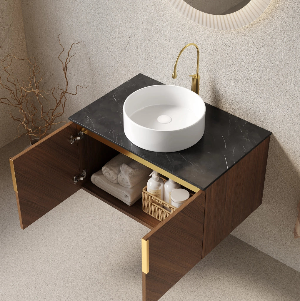 Mobile bagno con lavabo in ceramica, piano nero e 2 ante, 76 cm