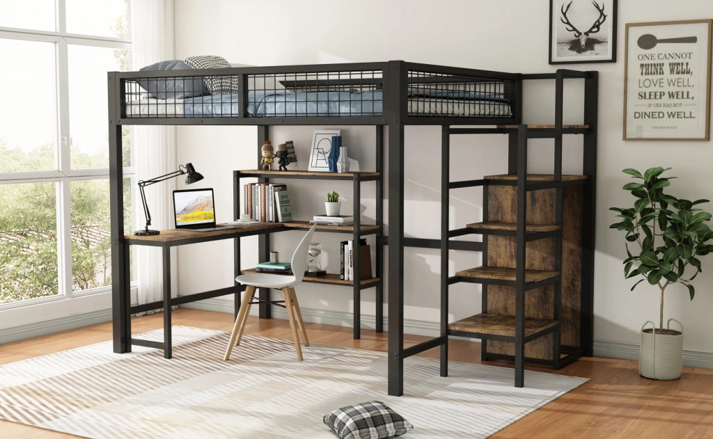 Letto a soppalco 140x200 cm in ferro con scrivania, scaffali e armadio integrato, nero