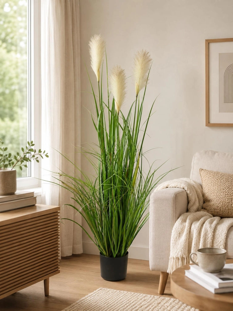 Erba di Pampas artificiale in vaso, 120 cm, bianca, facile da curare