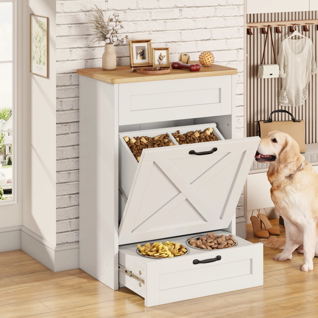 Stazione pappa per cani con contenitore; mangiatoia rialzata in legno ingegnerizzato bianco e naturale; stile country