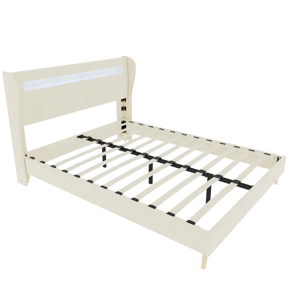 Letto Moderno Imbottito 160x200 cm con Testiera LED Integrata, Beige, Struttura Bassa Senza Contenitore, Materasso Incluso