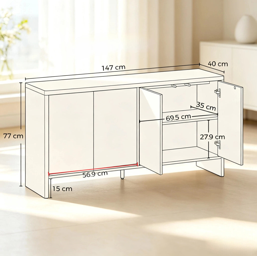 Credenza in MDF color rovere 147 cm con 4 ante push-to-open