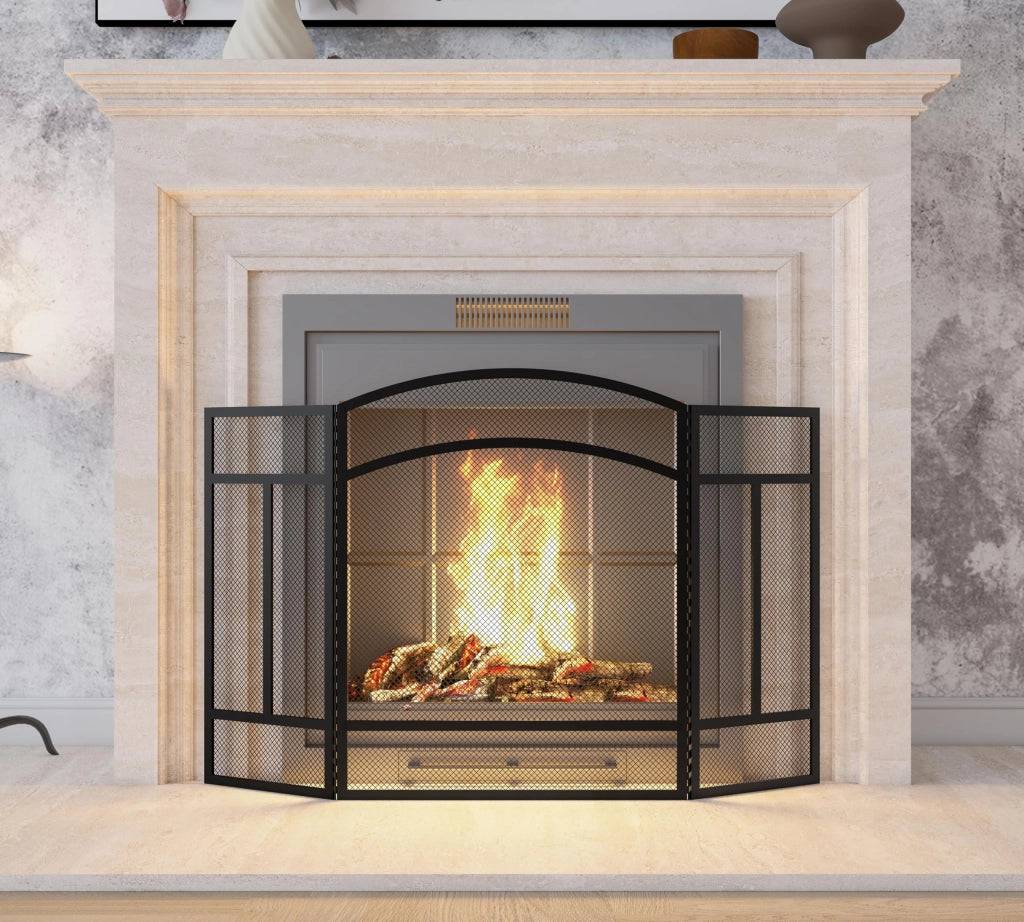 Cornice per caminetto con 3 pannelli, 96,5 x 61 cm, nera, con cerniera a battente