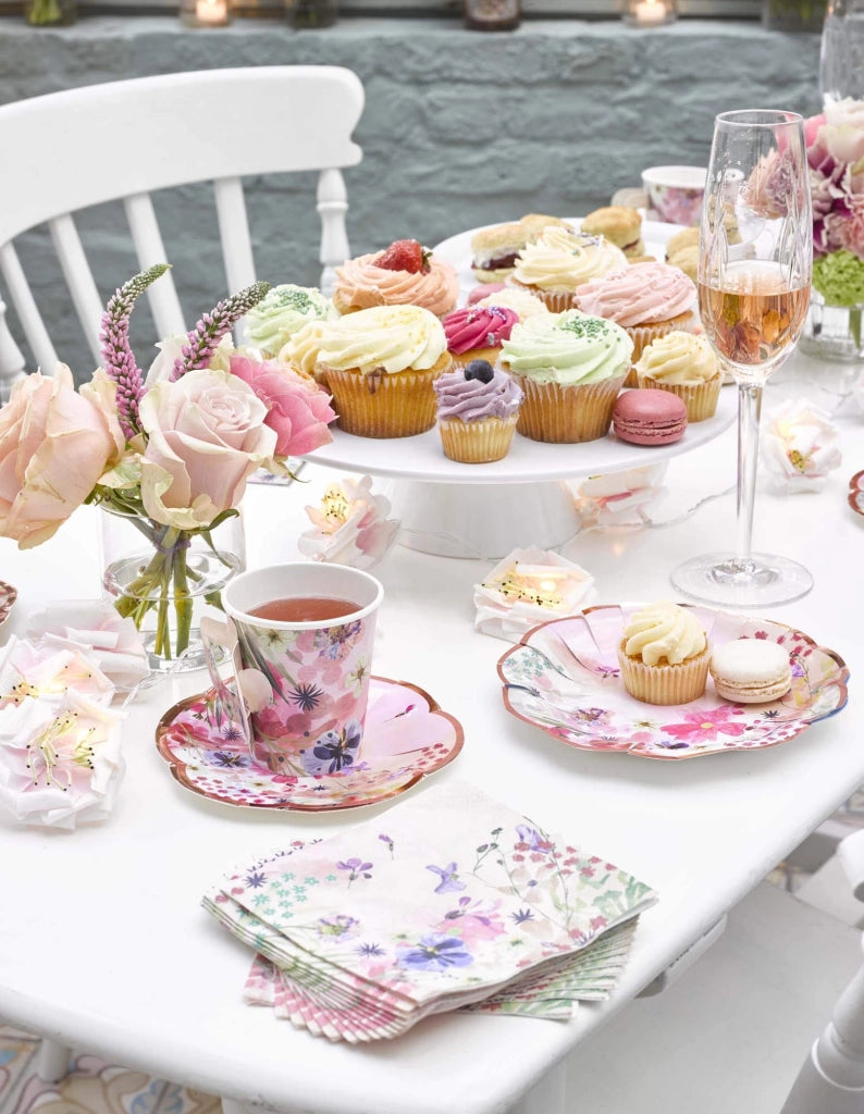Tazzine e sottopiatti in carta a tema "Tea Party", set da 12 pezzi, motivo floreale