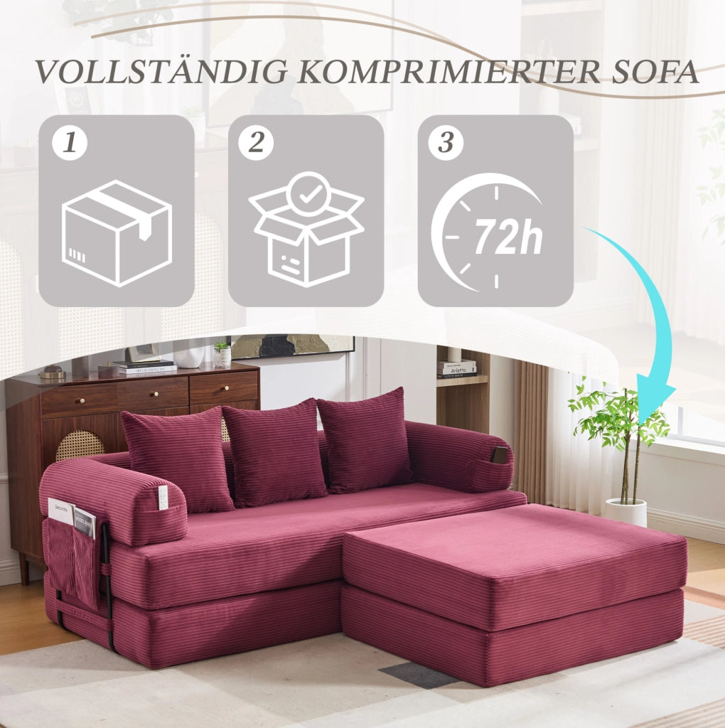 Divano modulare IVMEU 200x190x67 cm con pouf, 3 cuscini e tasca laterale, velluto a coste rosso vinaccia