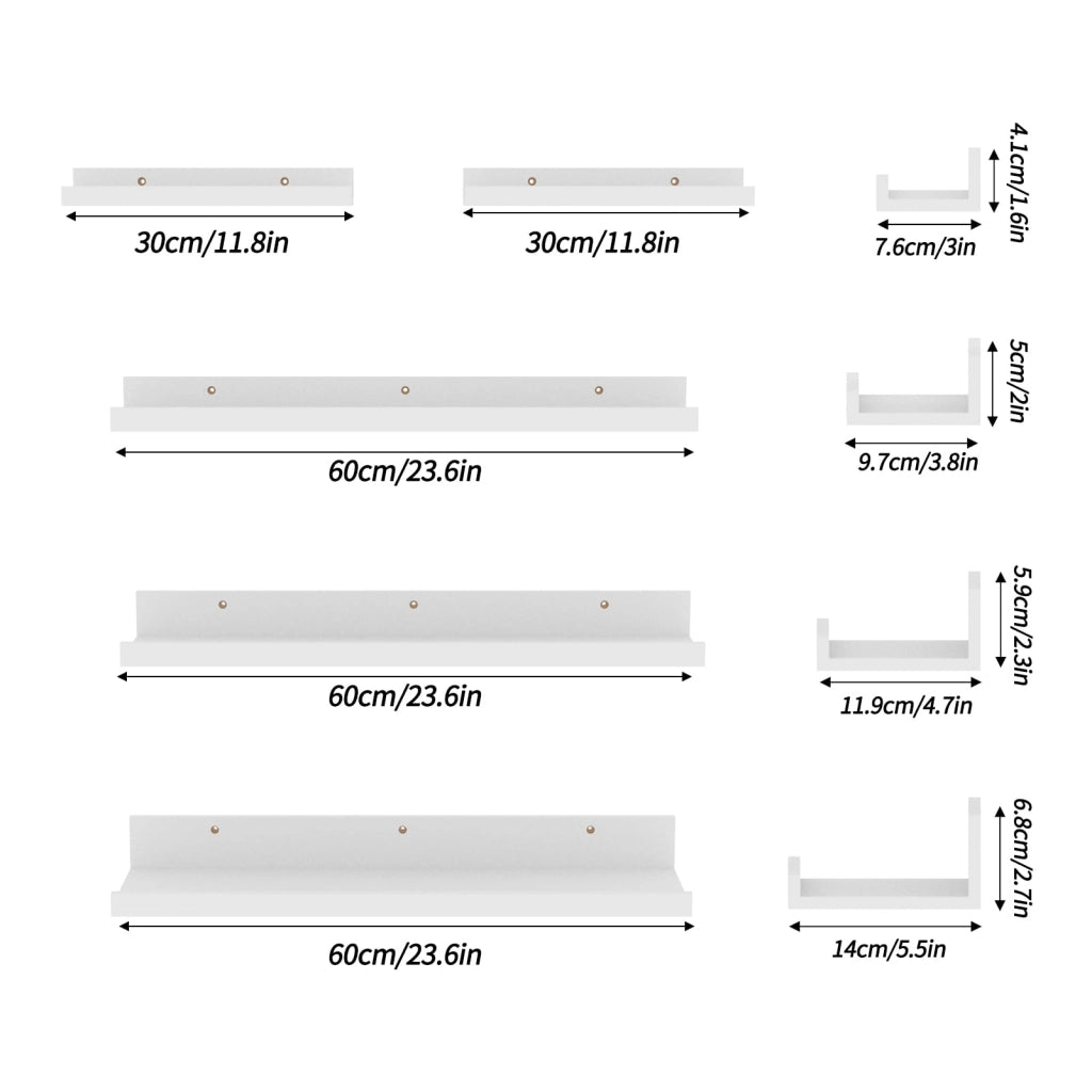 Set di mensole a muro, 60 cm, bianche, sospese, composto da 5 pezzi