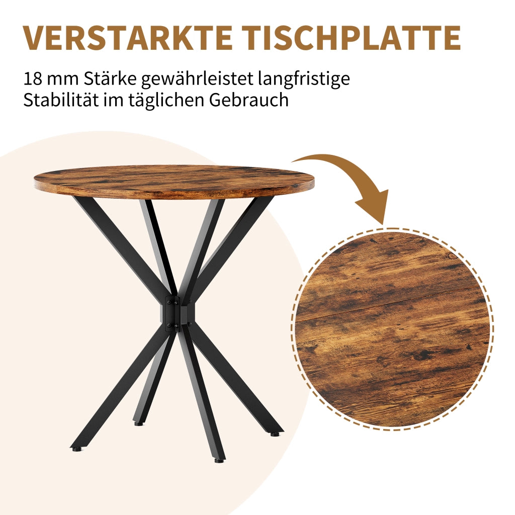 Tavolo da pranzo rotondo 80 × 80 × 75 cm per 2 persone in truciolare marrone e ferro nero con piedi regolabili
