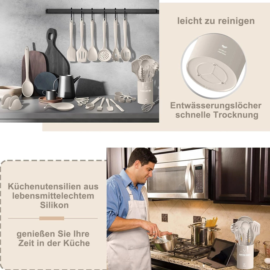 Set di utensili da cucina in silicone, 43 pezzi, color kaki