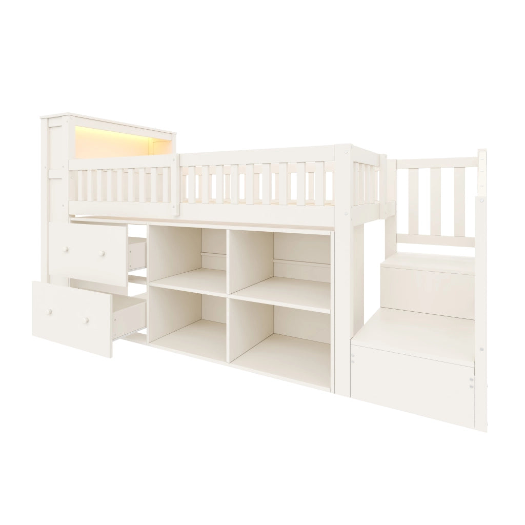 Letto a soppalco 90 × 200 cm con scala contenitore LED USB e USB C in legno di pino e MDF bianco