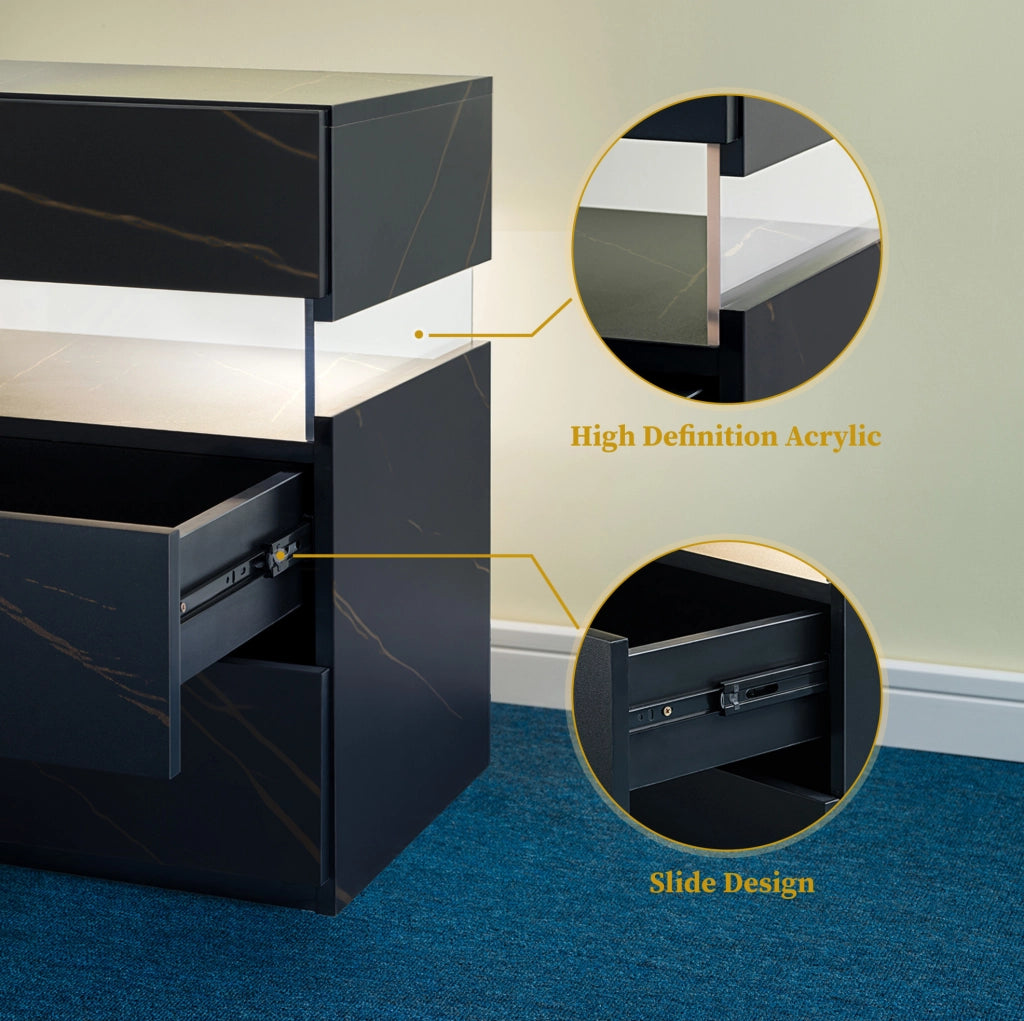 Comodino LED con 3 Cassetti e Pannello Acrilico, Tavolino da Camera da Letto Nero e Oro