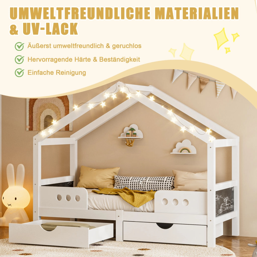 Letto per bambini con tetto 90 × 200 cm in legno e MDF bianco con due cassetti e lavagna integrata