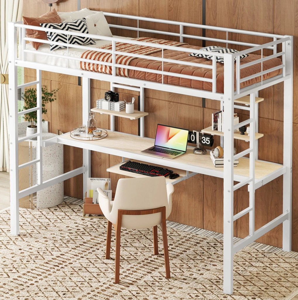Letto a soppalco in metallo bianco 90x200 cm con scrivania e scaffali integrati