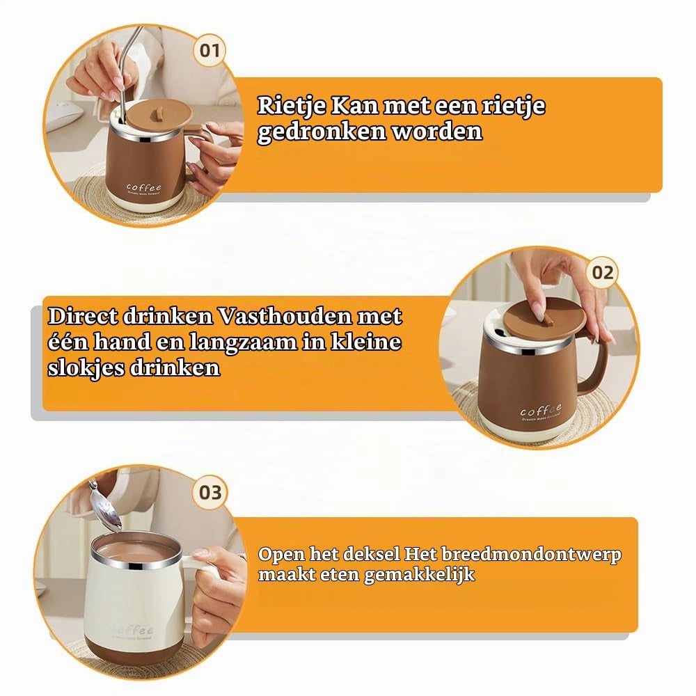 Tazza termica da 350 ml, a doppia parete, in acciaio inossidabile, nera, con manico