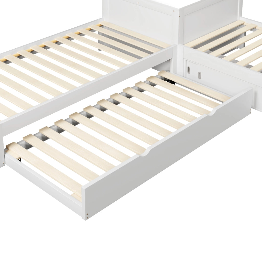 Letto singolo a piattaforma 90 × 200 cm con letto estraibile in MDF e legno bianco con luce LED e ante scorrevoli