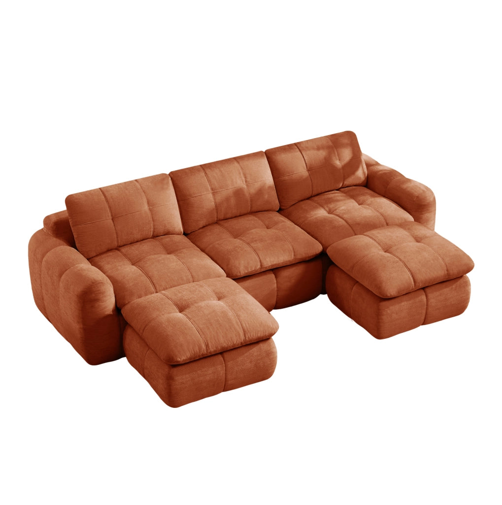 Divano modulare a U 264x160x68 cm in ciniglia arancione, 3 posti con 2 pouf