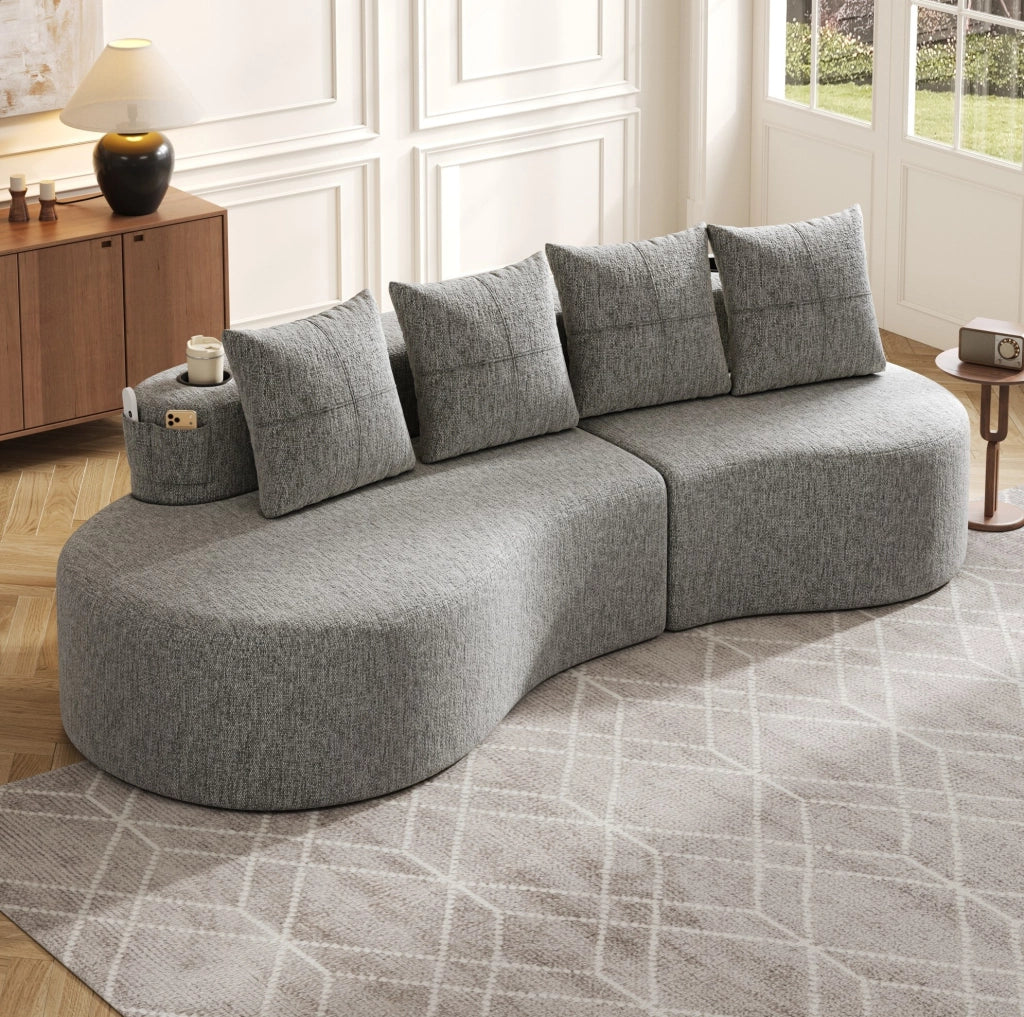 Divano 4 posti 240x109x63 cm in lino grigio chiaro, portabicchieri e tasche