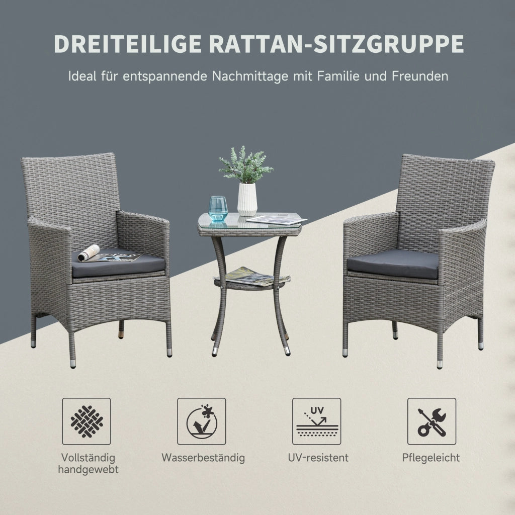 Set da balcone 3 pezzi con tavolino e sedie in rattan grigio con cuscini