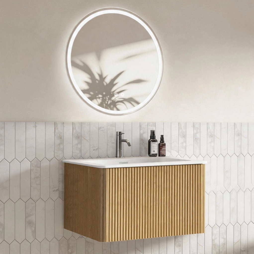 Mobile bagno sospeso 60 cm con lavabo integrato in materiale sintetico e specchio LED rotondo regolabile, finitura noce