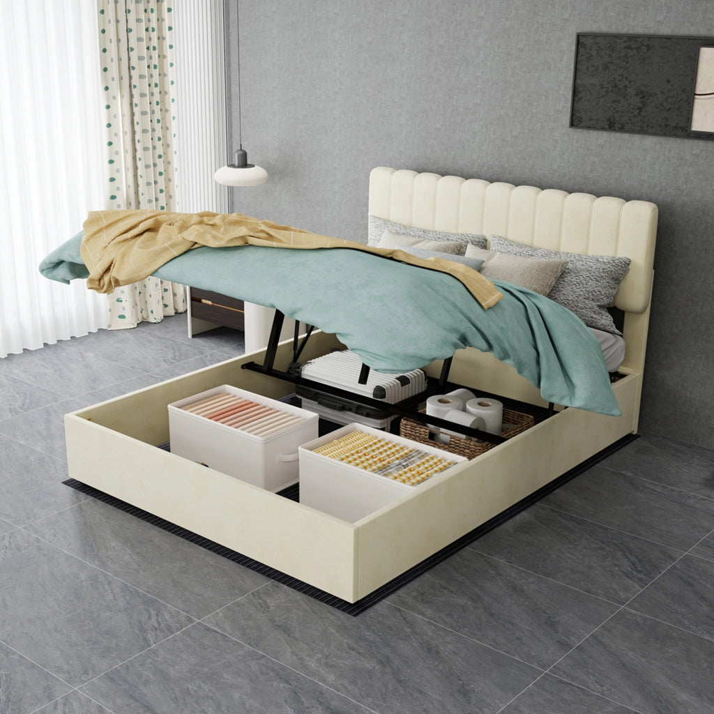 Letto matrimoniale a piattaforma 140 × 200 cm in tessuto beige con metallo design moderno e raffinato