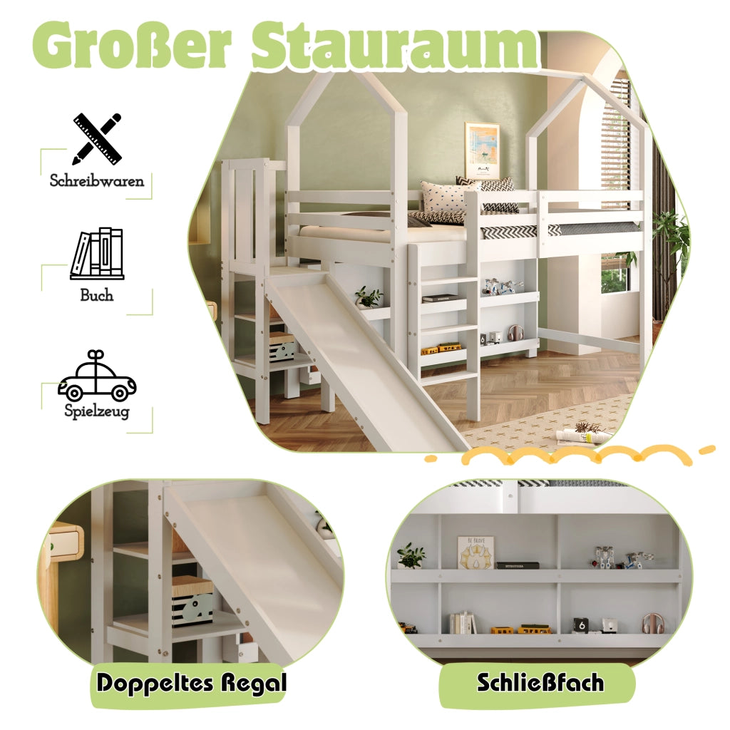 Letto singolo per bambini 90 × 200 cm con rete a doghe scivolo scale contenitori e ripiani in legno bianco