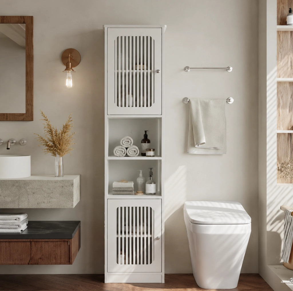 Mobile bagno alto 163 cm in MDF bianco con ripiani regolabili e ante a lamelle