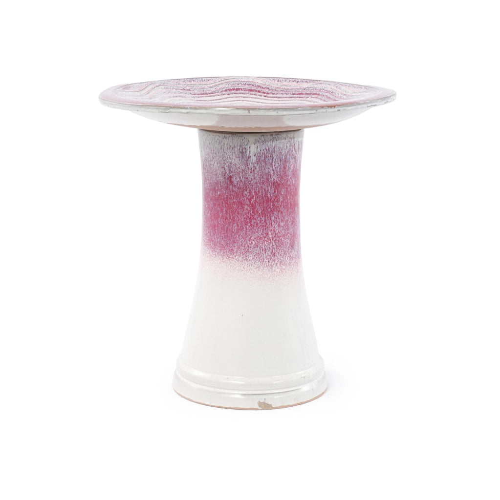 Fontana per uccelli in ceramica fatta a mano Ø 43 cm con smalto bianco e rosa, resistente alle intemperie per giardino e balcone