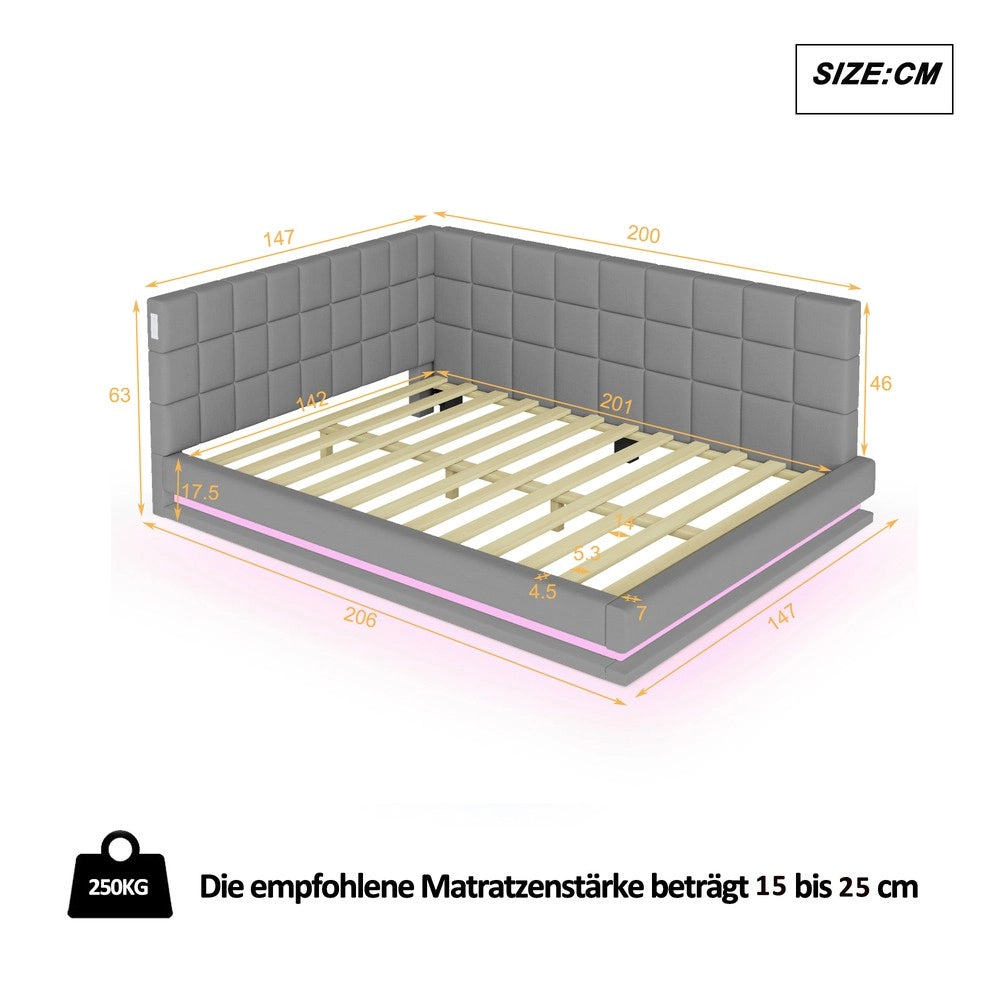 Letto imbottito ¨C Minimal ¨C Grigio tessuto 140x200 cm con rete a doghe LED