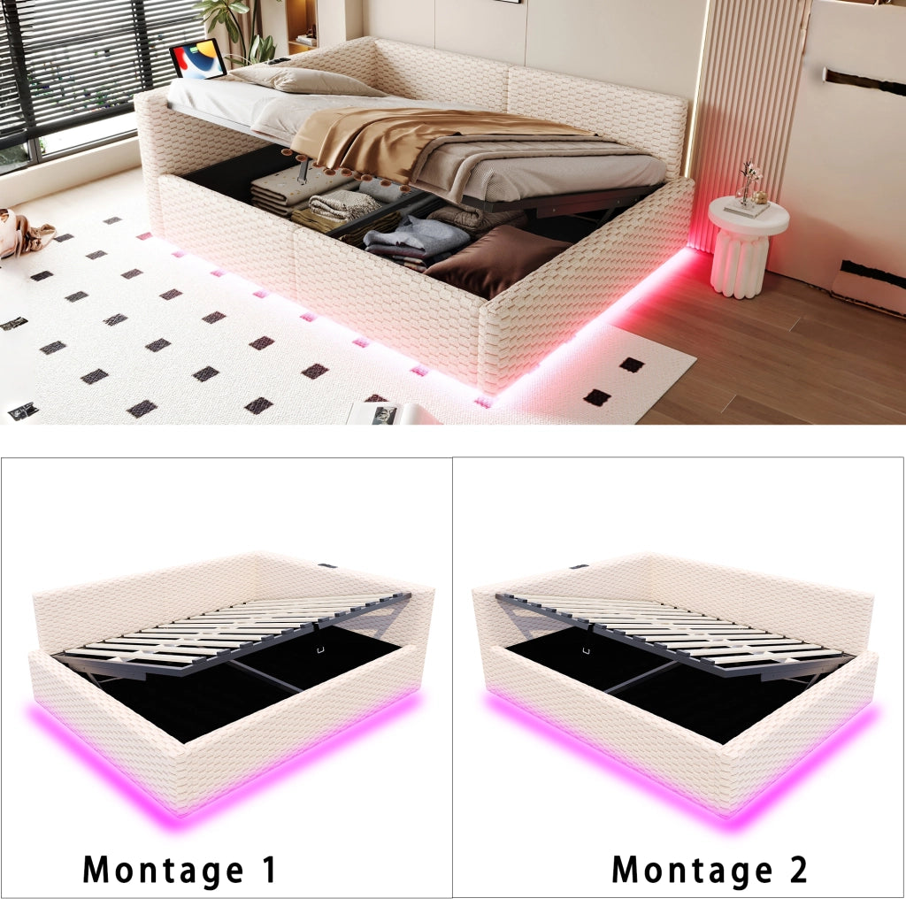 Letto imbottito 140x200 cm con vano contenitore; LED; USB e Type-C; velluto beige