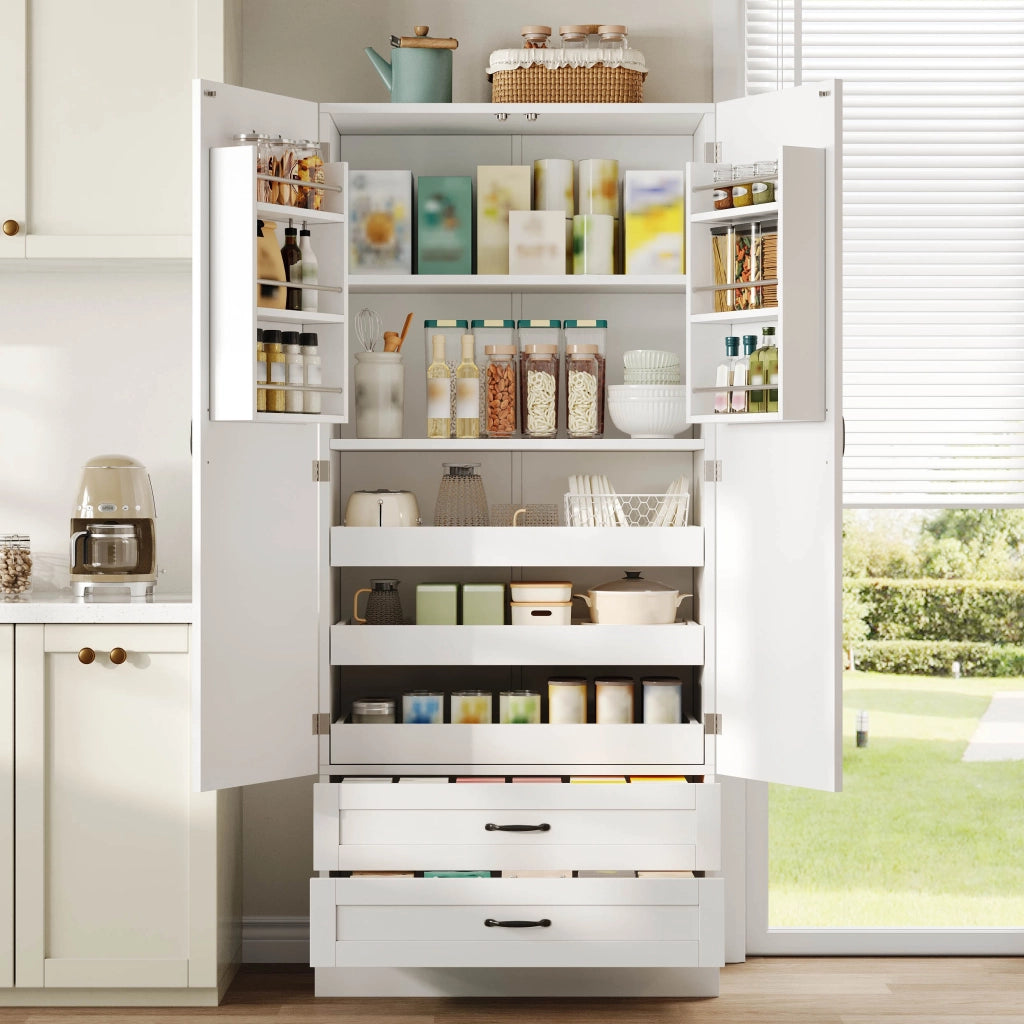 Credenza da cucina alta con 3 ripiani estraibili, 2 cassetti e ripiano regolabile, bianca in MDF, 80 × 37,5 × 180 cm