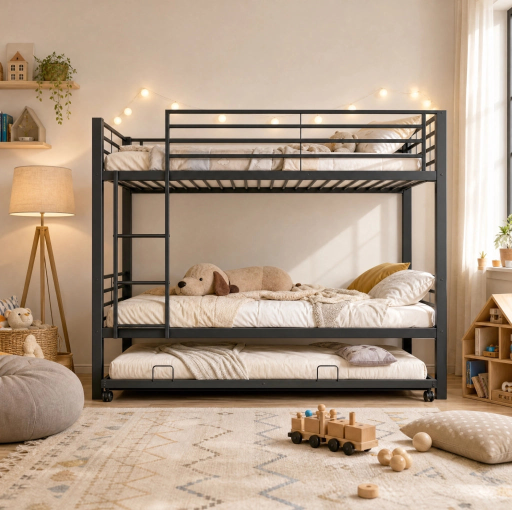 Letto a castello 3 posti 90x200 cm in metallo con letto estraibile 90x190 cm nero HOMVRA