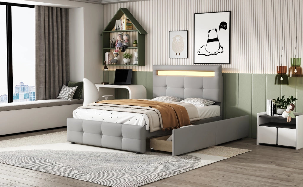 DESMIU Letto adulto 90 × 200 cm con 2 cassetti, LED, testiera regolabile, senza materasso, grigio