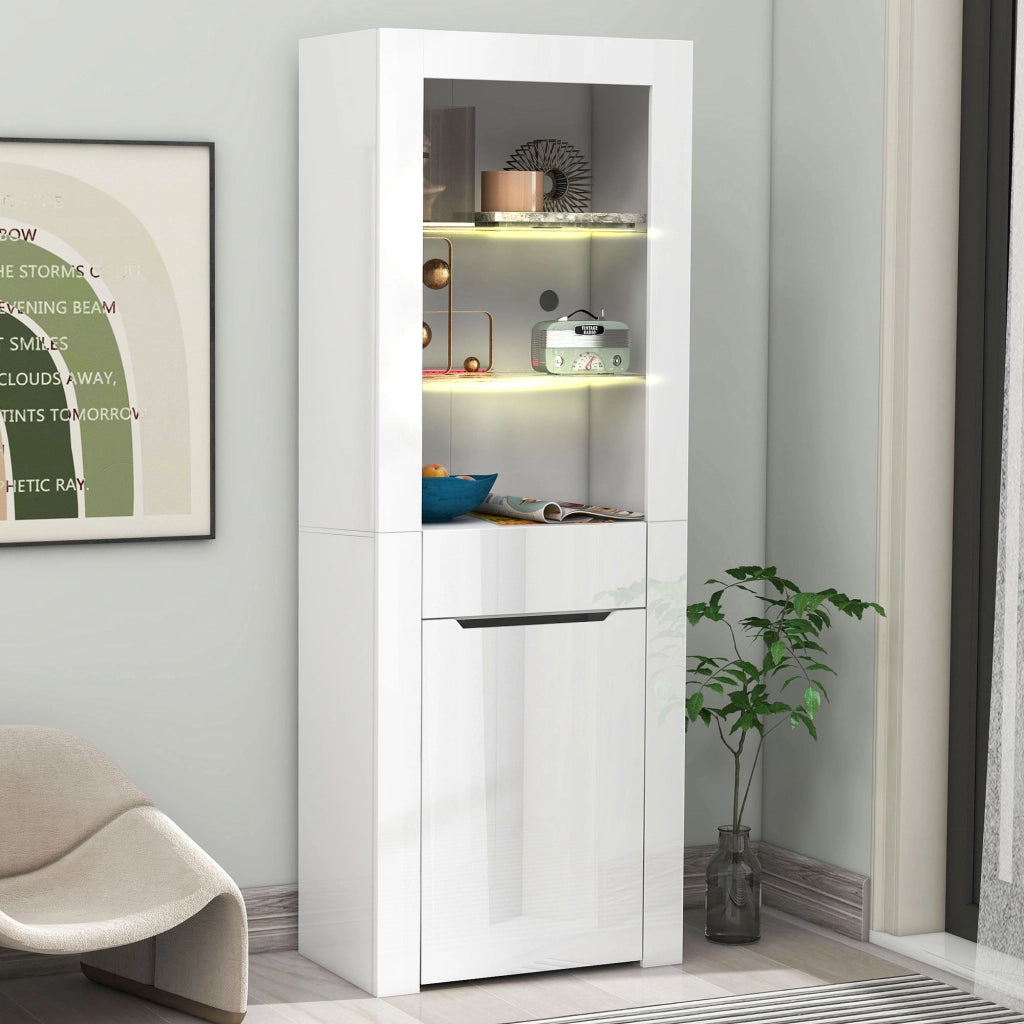 Vetrina Libreria con LED, 1 anta, 1 cassetto e 2 ripiani, per soggiorno o studio, bianco, 60 × 35.5 × 165 cm