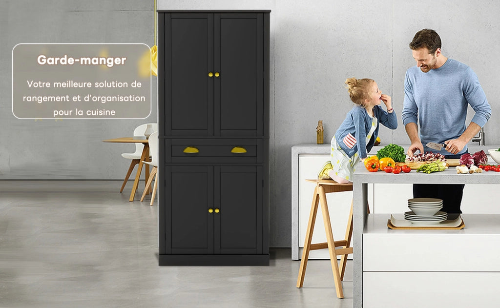 Armadio contenitore nero 182 cm con 4 ante, 1 cassetto e ripiani regolabili per cucina e soggiorno