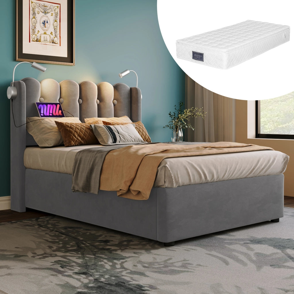 Letto singolo contenitore 90 × 200 cm in velluto grigio con luce da lettura USB rete a doghe e testiera
