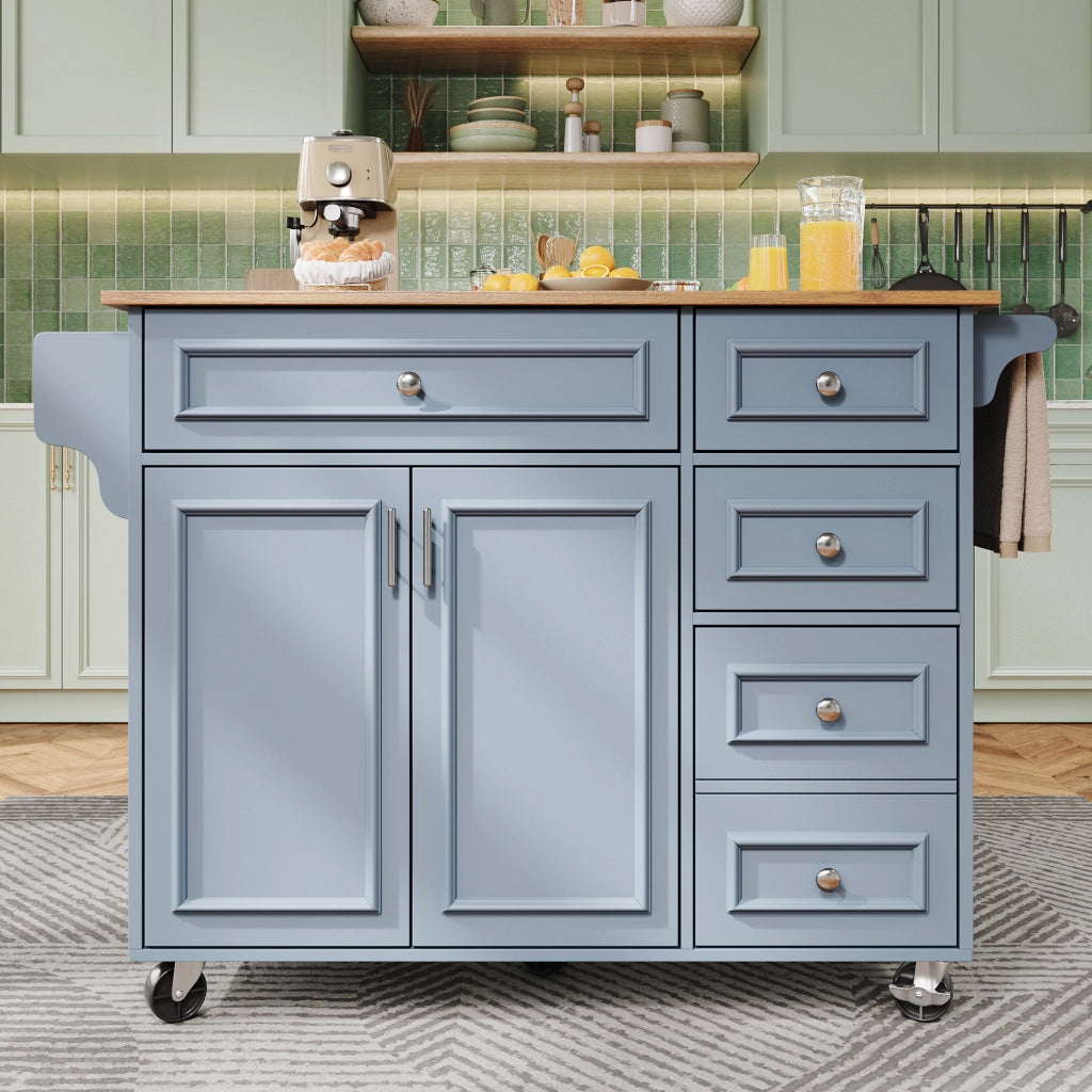 Isola da cucina con piano ribaltabile; ripiani regolabili in 3 altezze; cassetti e ripiano laterale in MDF blu