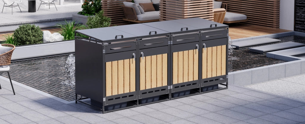 Cassonetto porta rifiuti a 4 scomparti con coperchio idraulico, rivestimento effetto legno verticale, ventilazione a fori lunghi, struttura in ferro con serratura