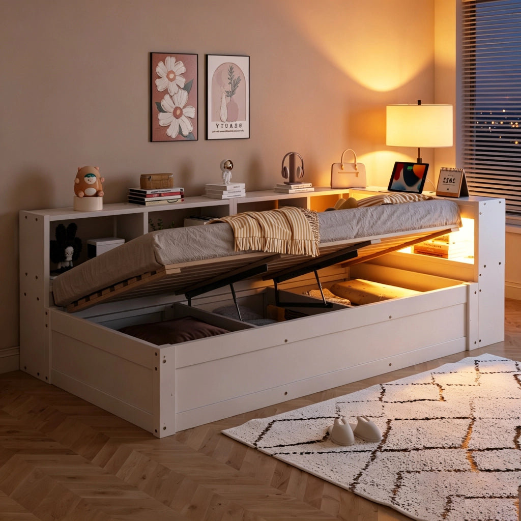 Letto singolo multifunzione 90 × 200 cm con vano contenitore legno bianco presa integrata e luce LED