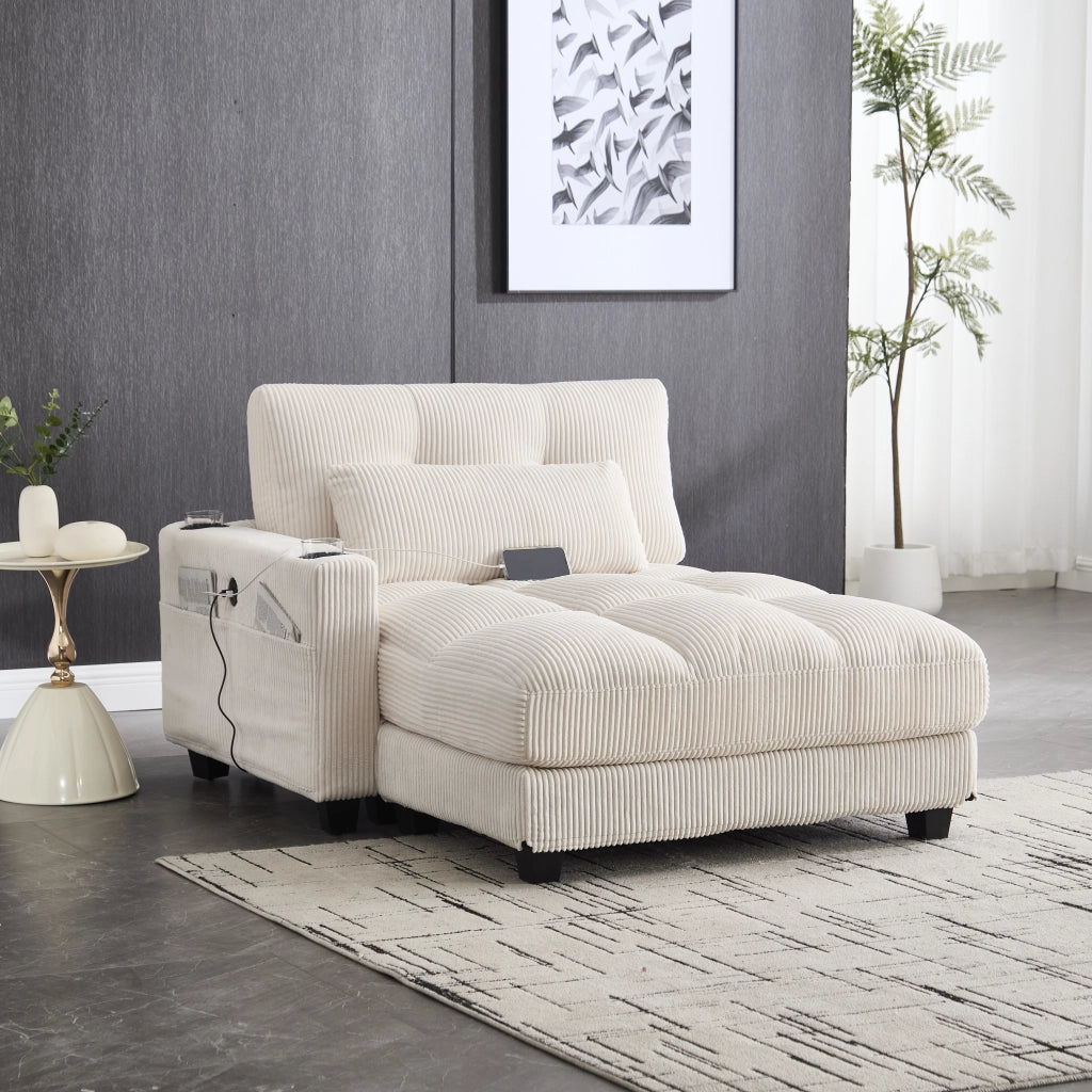 Divano modulare 2 posti in velluto a coste beige con 4 portabicchieri; 4 tasche e USB