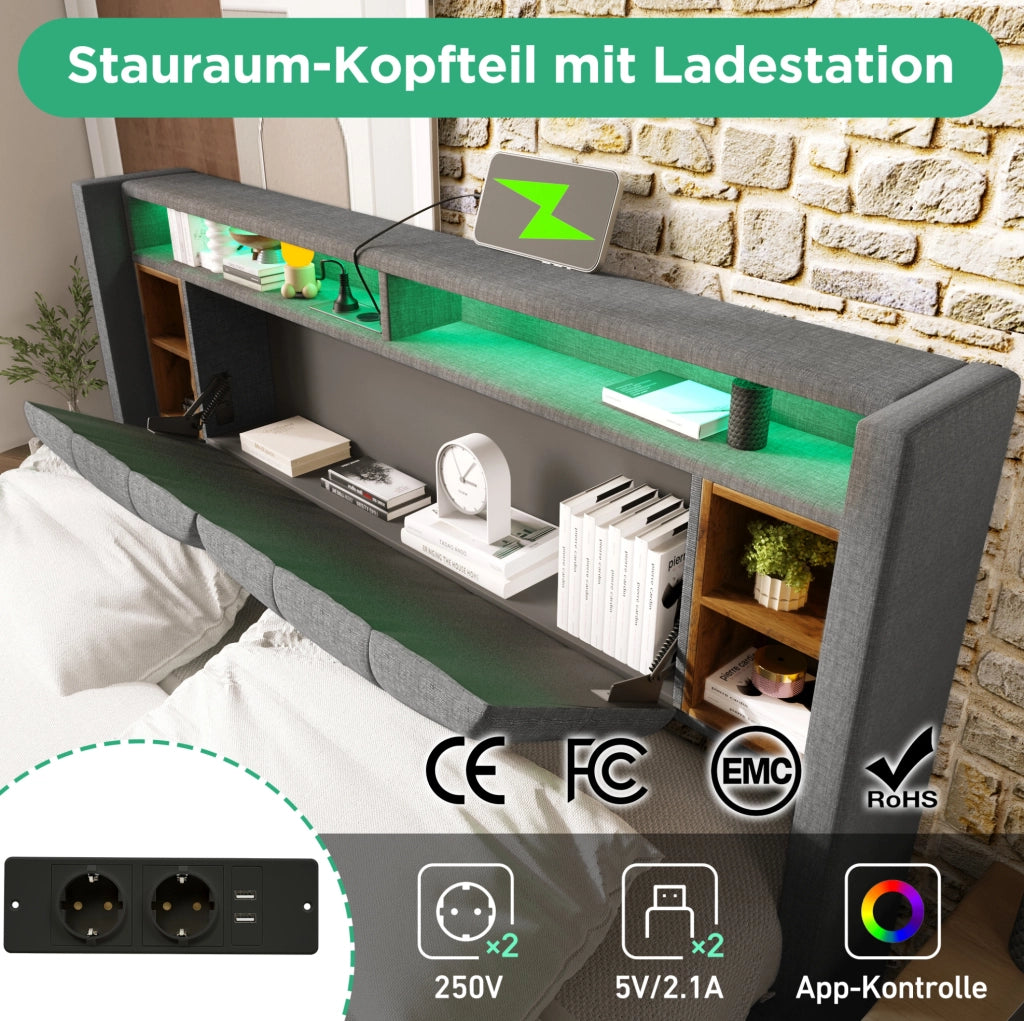 Letto imbottito con testiera contenitore; USB e LED; 160x200 cm; grigio