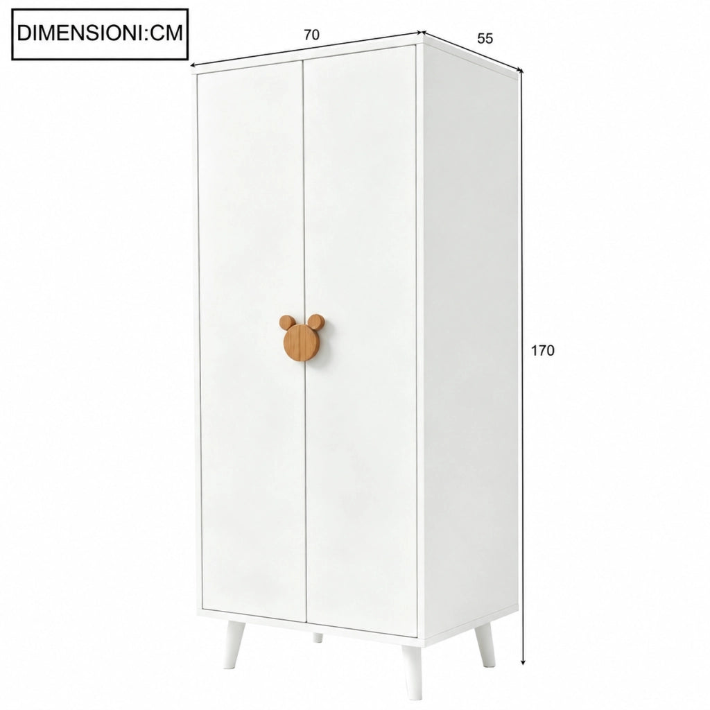 Armadio bianco a doppia anta 70 per 55 per 170 cm con ripiani e vano appendiabiti in MDF