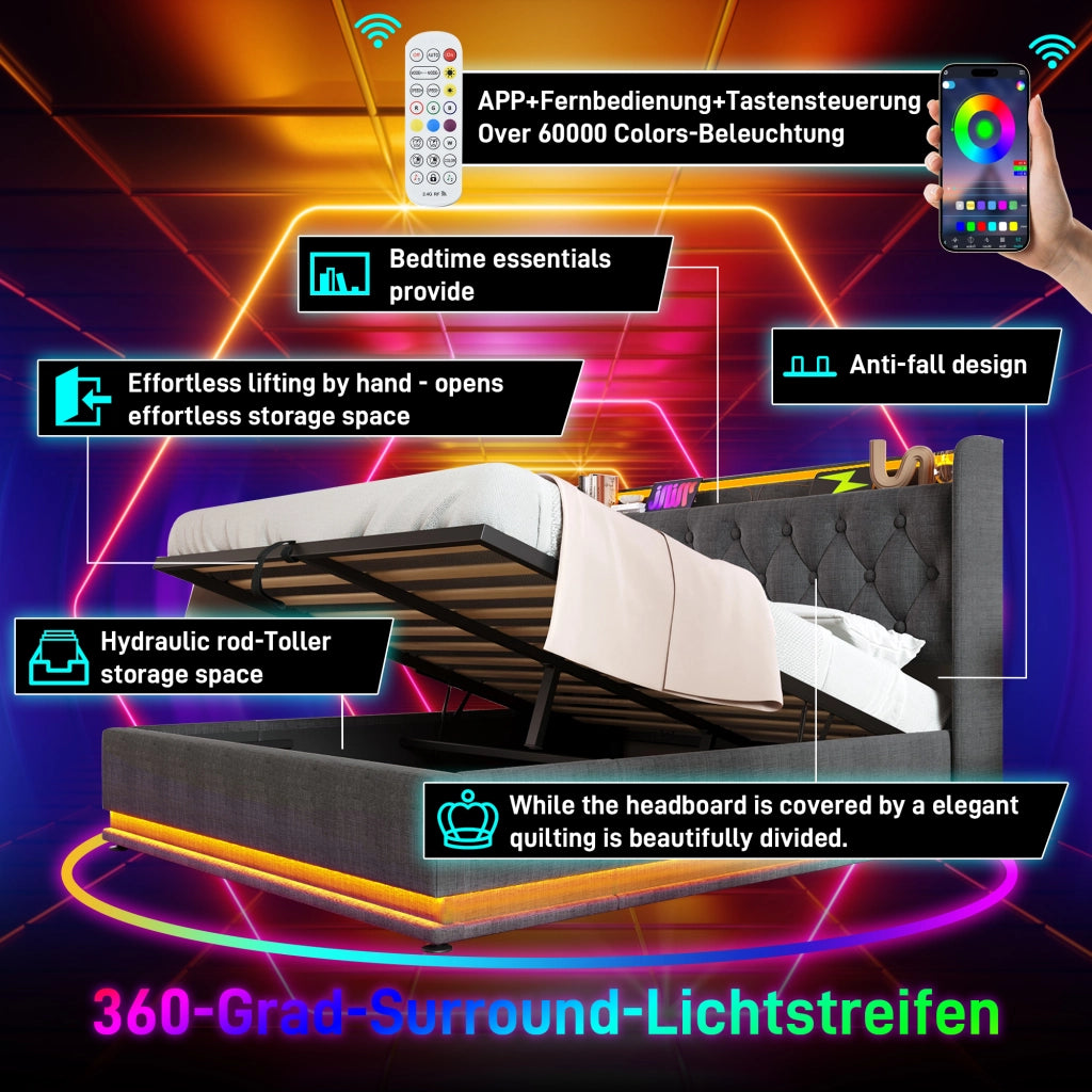 Letto contenitore 140 × 200 cm con LED a 360 gradi e ricarica USB Type-C testiera imbottita in lino grigio