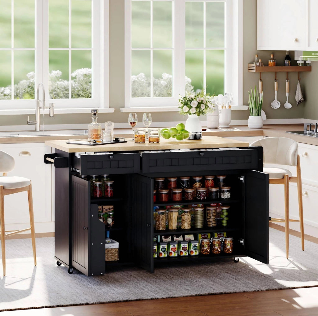 Isola da cucina mobile 137x70x89;5 cm con piano pieghevole in MDF nero e naturale