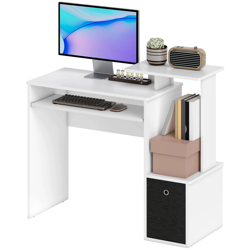 Scrivania Moderna con Mensola per Tastiera e Cassetto in Tessuto, 100x40x86.6cm, Bianco e Nero