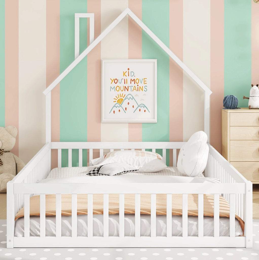 LETTO per bambini 140x200 cm con sponde di sicurezza, pino e MDF bianco