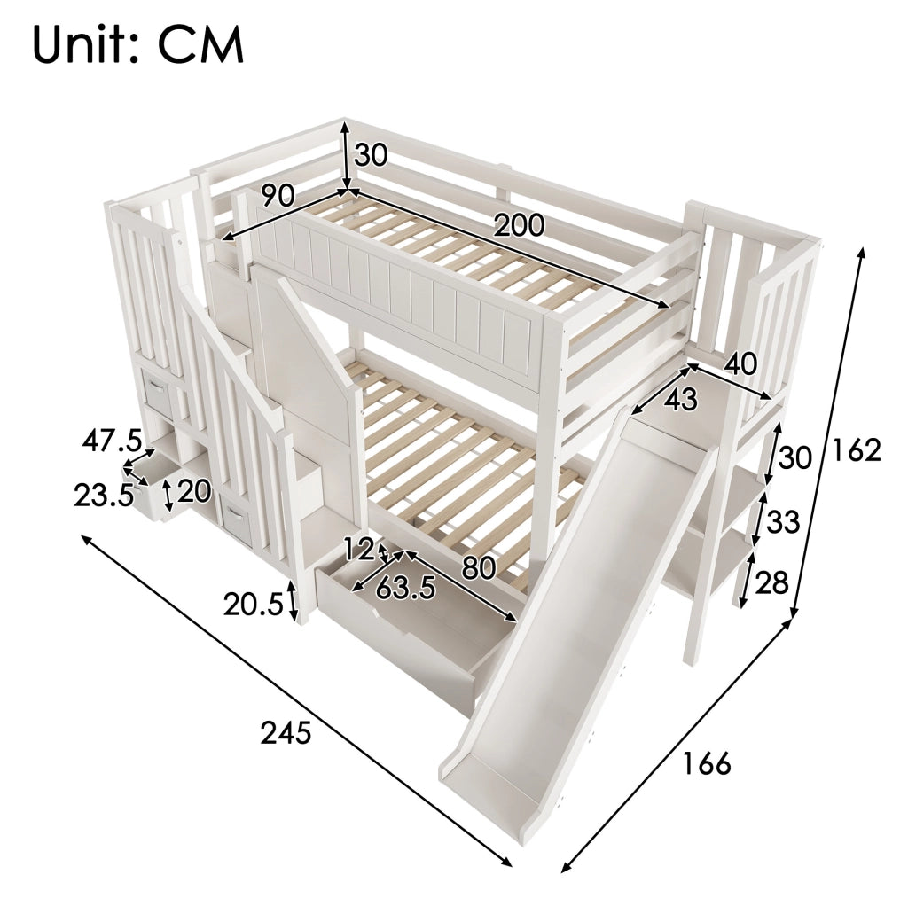 Letto a castello per bambini 90x200 cm con scivolo; scala-armadio e cassetti bianco HOMVRA