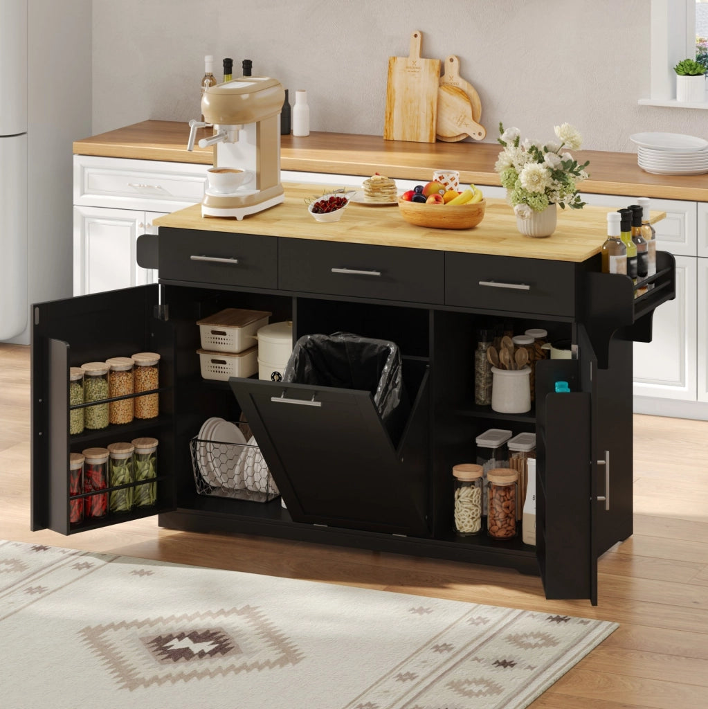 Isola da cucina mobile 136x50/75x92 cm con piano ribaltabile; prese USB; MDF nero/naturale