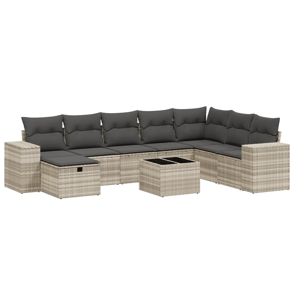 Set Divano da Giardino 9pz con Cuscini Grigio Chiaro Polyrattan