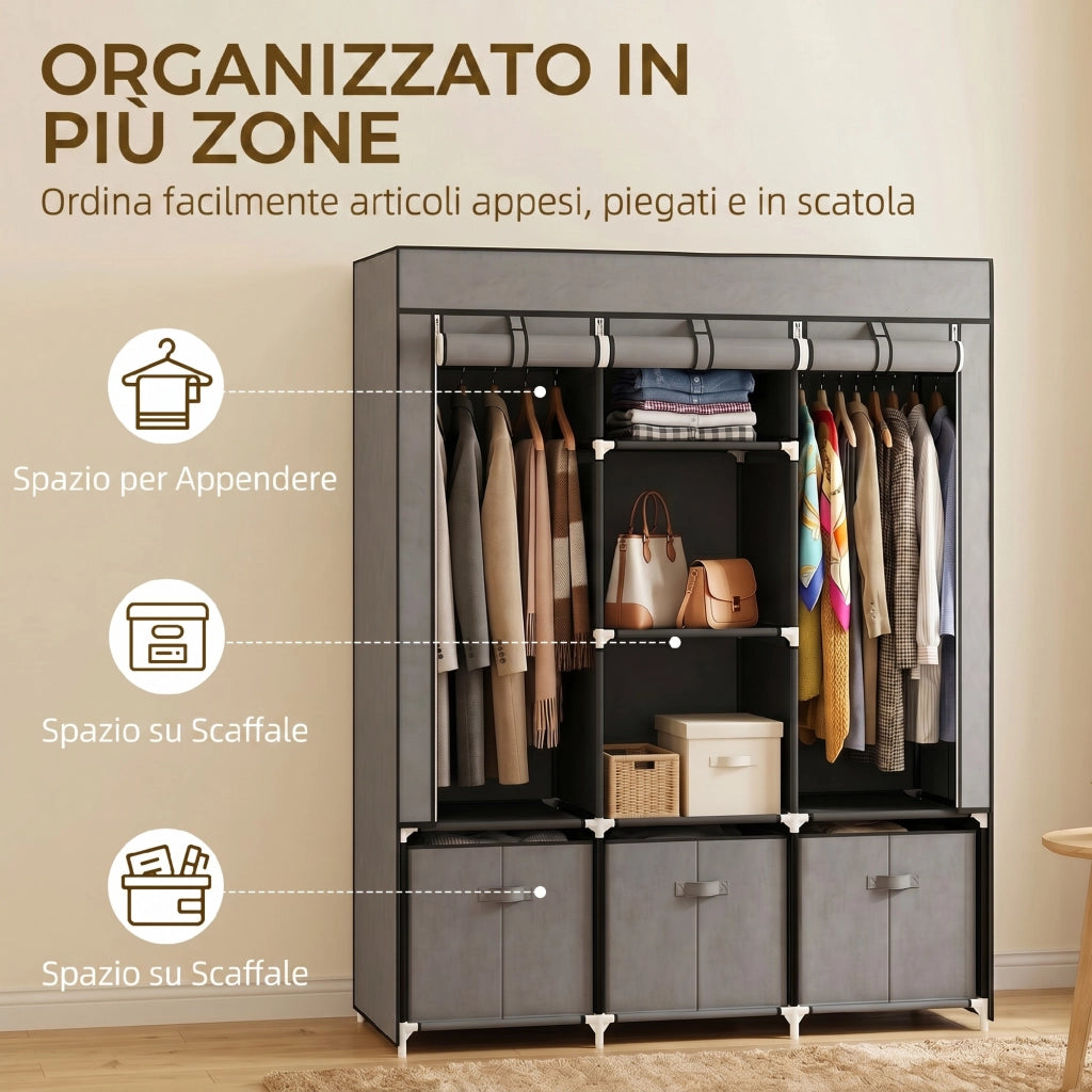 Armadio in Tessuto Pieghevole Grigio Scuro Guardaroba Salvaspazio con Cassetti e Zip 125x43x162.5cm